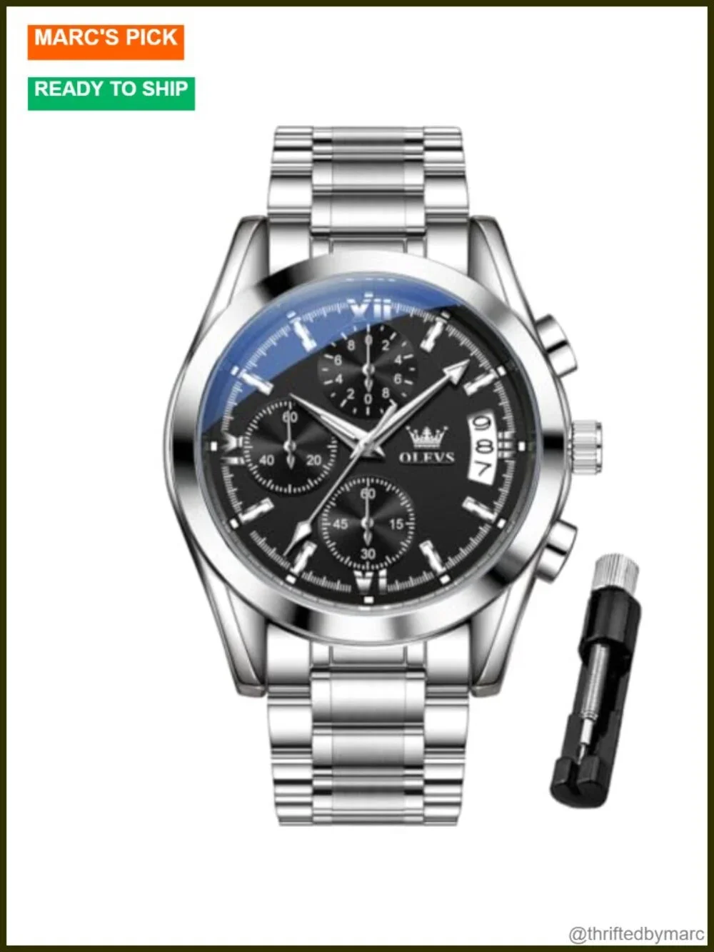 Men's Quartz Chronograph Stainless Steel Date Dress Watch Water Resistant